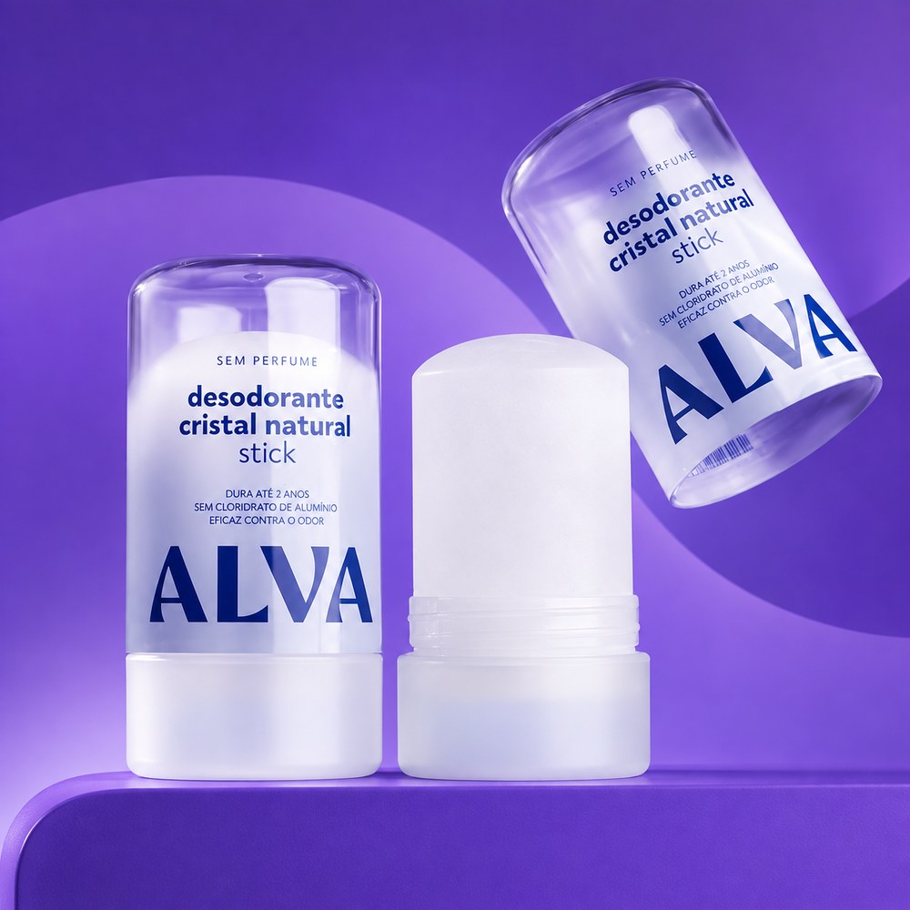 Alva crystal natural deodorant stick, two units on a purple background.